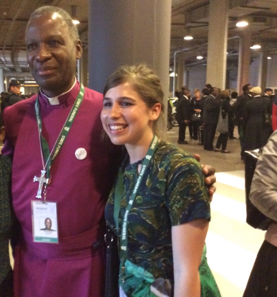 Marissa van Rensburg (SALO Project Officer) with the Archbishop Thabo Makgoba, taken at the Madiba memorial at the FNB stadium on Wednesday the 11th of December 2013